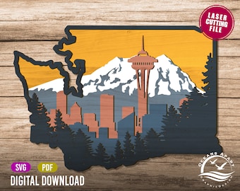3D Seattle Washington Sign, Digital Download, Glowforge Cut File, Wall Art, Silhouette, Decor, Commercial License