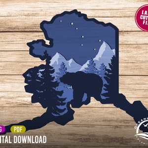 3D geschichtetes Alaska Wandschild, digitaler Download, Glowforge Cut Datei, Wandkunst, Silhouette, Dekor, kommerzielle Lizenz, Big Dipper