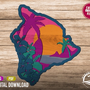 3D Layered Hawaii Big Island Schild, Digitaler Download, Glowforge Cut Datei, Wandkunst, Silhouette, Dekor, kommerzielle Lizenz, Surfen