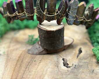 purple rainbow quartz crown with old gold