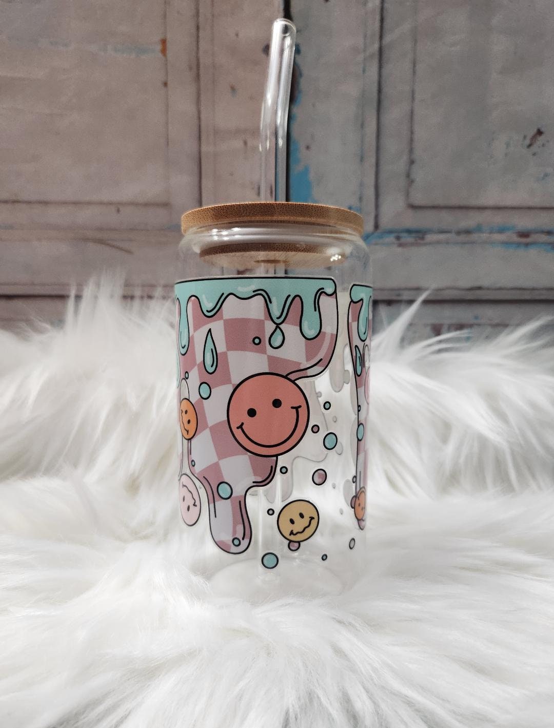 Gooey Happy Face Print Glass Can | 16oz Glass Can With Lid and Glass ...