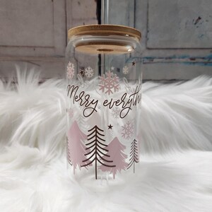 Merry Everything and Happy Always Glass Can | 16oz Glass Cans with Lid and Glass Straw | Mason Jar Cup with Bamboo Lid | Trendy Glass Cup