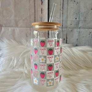 Strawberries, Ribbons, and Flowers Glass Cup | 16oz Beer Can Glass with Lid and Glass Straw | Glass Coffee Cup | Glass Tumbler Coffee Cup