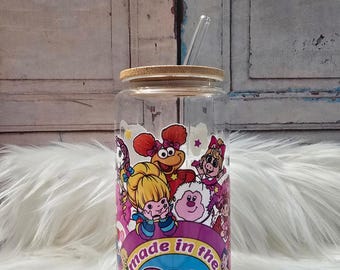 Made in the 80s Glass Cup | 16oz Beer Can Glass with Lid and Glass Straw | Glass Coffee Cup | Glass Tumbler Coffee Cup