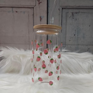 Pink Strawberries Glass Cup | 16oz Beer Can Glass with Lid and Glass Straw | Glass Coffee Cup | Glass Tumbler Coffee Cup