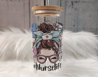 Nurse Life Glass Cup | 16oz Beer Can Glass with Lid and Glass Straw | Glass Coffee Cup | Glass Tumbler Coffee Cup