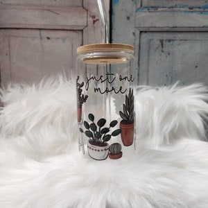 Just One More Plant Print Glass Can | 16oz Glass Can with Lid and Glass Straw | Mason Jar Cup with Bamboo Lid | Trendy Glass Cup