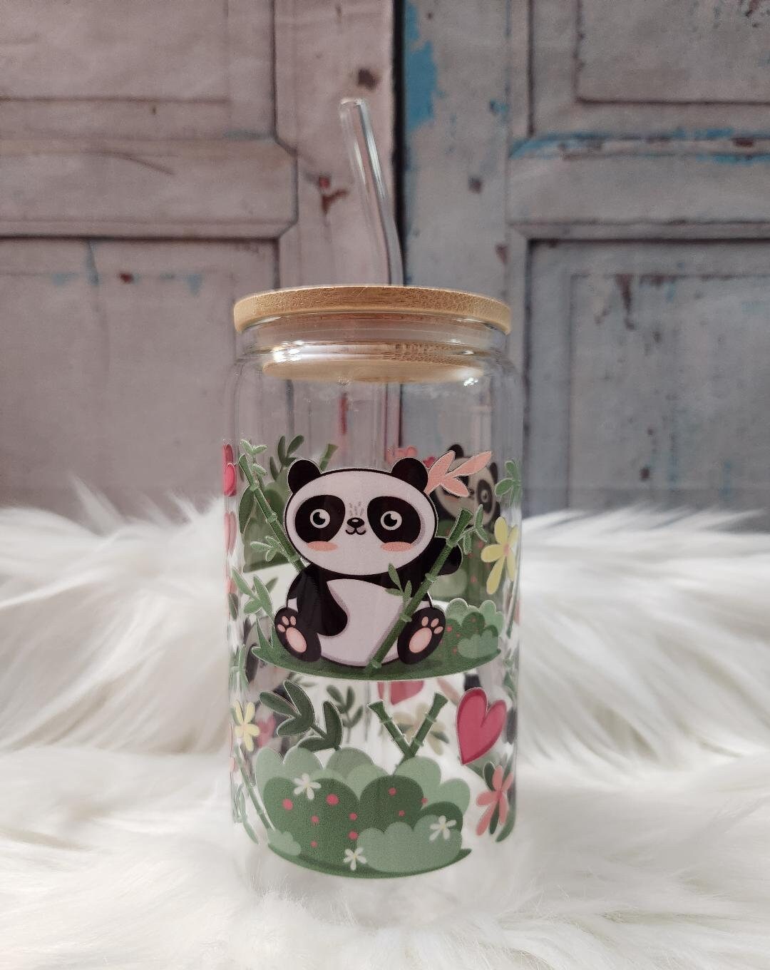 Cute Pandas Glass Cup | 16oz Beer Can Glass With Lid and Glass Straw ...