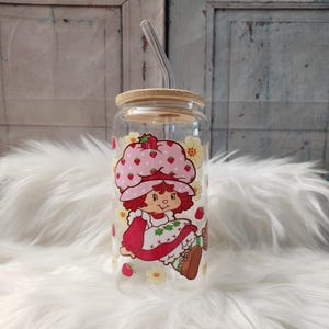 Strawberry Girl Glass Cup | 16oz Beer Can Glass with Lid and Glass Straw | Glass Coffee Cup | Glass Tumbler Coffee Cup