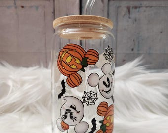 Vaso de vidrio con calabazas de Mickey y fantasmas de Mickey / Vaso de cerveza de 16 oz con tapa y pajita de vidrio / Vaso de café de vidrio / Vaso de café tipo vaso