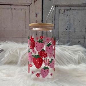 Red and Pink Strawberries Glass Cup | 16oz Beer Can Glass with Lid and Glass Straw | Glass Coffee Cup | Glass Tumbler Coffee Cup