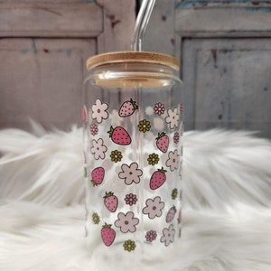 Strawberries and Flowers Glass Cup | 16oz Beer Can Glass with Lid and Glass Straw | Glass Coffee Cup | Glass Tumbler Coffee Cup