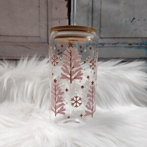 Pink Christmas Trees and Snowflakes Glass Can | 16oz Glass Cans with Lid and Glass Straw | Mason Jar Cup with Bamboo Lid | Trendy Glass Cup