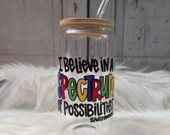 I Believe in a Spectrum Possibilities Glass Cup | 16oz Beer Can Glass with Lid and Glass Straw | Glass Coffee Cup | Glass Tumbler Coffee Cup