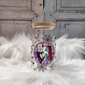 Jack and Sally Print Glass Can | 16oz Glass Can with Lid and Glass Straw | Mason Jar Cup with Bamboo Lid | Trendy Glass Cup