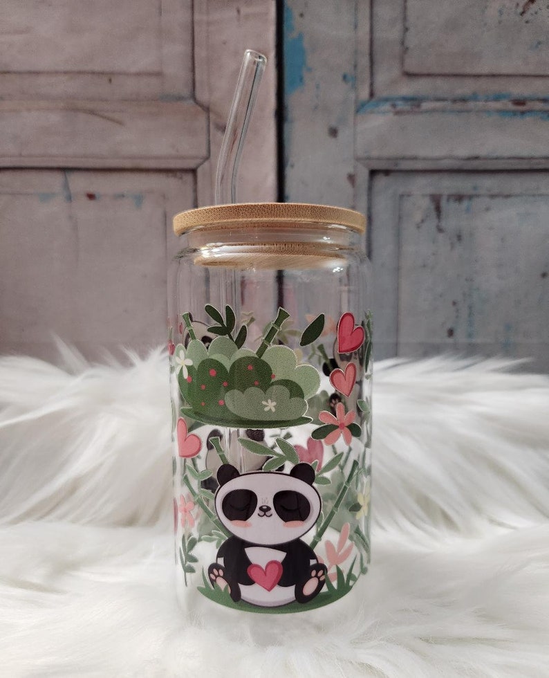 Cute Pandas Glass Cup | 16oz Beer Can Glass With Lid and Glass Straw ...