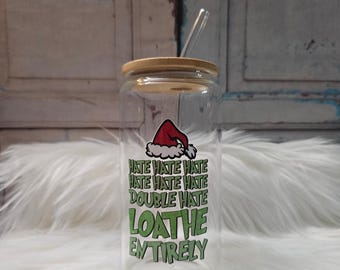 Loathe Entirely Glass Cup | 16oz Beer Can Glass with Lid and Glass Straw | Glass Coffee Cup | Glass Tumbler Coffee Cup