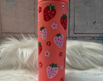 Vaso de plástico con fresas rojas y rosas / Vaso de 16 oz / Vaso con tapa / Vaso con pajita / Vaso para café helado