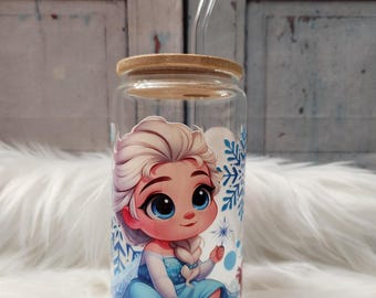 Baby Elsa and Anna Frozen Glass Cup | 16oz Beer Can Glass with Lid and Glass Straw | Glass Coffee Cup | Glass Tumbler Coffee Cup