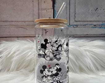 Vaso clásico de Mickey y Minnie / Vaso de cerveza de 16 oz con tapa y pajita / Vaso de café de vidrio / Vaso de café de vidrio
