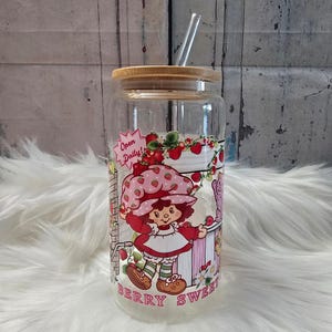 Strawberry Shortcake and Dog Glass Cup | 16oz Beer Can Glass with Lid and Glass Straw | Glass Coffee Cup | Glass Tumbler Coffee Cup