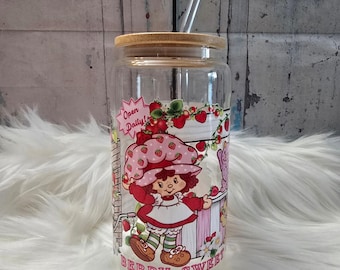 Strawberry Shortcake and Dog Glass Cup | 16oz Beer Can Glass with Lid and Glass Straw | Glass Coffee Cup | Glass Tumbler Coffee Cup