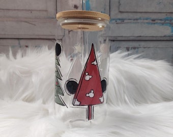 Mickey Christmas Trees Glass Cup / Vaso de lata de cerveza de 16 oz con tapa y pajita de vidrio / Taza de café de vidrio / Taza de café vaso de vidrio