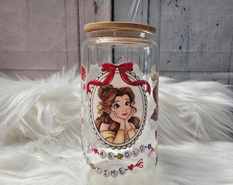 Belle and Friends Glass Cup | 16oz Beer Can Glass with Lid and Glass Straw | Glass Coffee Cup | Glass Tumbler Coffee Cup