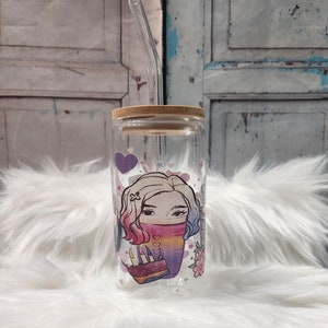 Enid and Thing Print Glass Cup | 16oz Glass Cup with Lid and Glass Straw | Mason Jar Cup with Bamboo Lid | Trendy Glass Cup