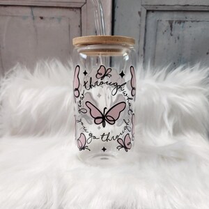 GO THROUGH Buttery Glass Can | 16oz Glass Can with Lid and Glass Straw | Mason Jar Cup with Bamboo Lid | Trendy Glass Cup