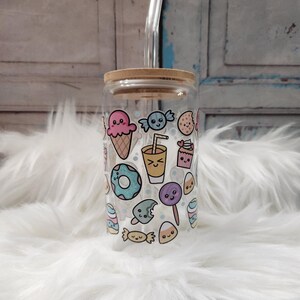 Foodie Land Print Glass Can | 16oz Glass Can with Lid and Glass Straw | Mason Jar Cup with Bamboo Lid | Trendy Glass Cup
