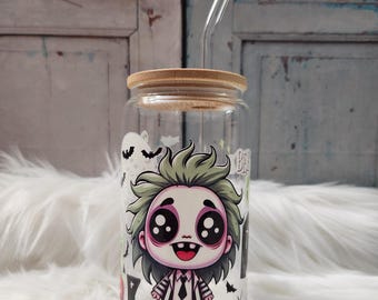 Bettle Man Glass Cup | 16oz Beer Can Glass with Lid and Glass Straw | Glass Coffee Cup | Glass Tumbler Coffee Cup