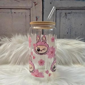 Labubu with Pink Flowers Glass Cup | 16oz Beer Can Glass with Lid and Glass Straw | Glass Coffee Cup | Glass Tumbler Coffee Cup