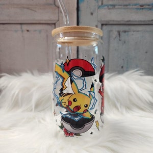 Tazza in vetro Pikachu and Friends / Lattina di birra da 16 once in vetro con coperchio e cannuccia in vetro / Tazza da caffè in vetro / Tazza da caffè in vetro