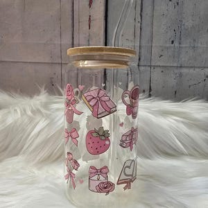 Books, Strawberries, and Flowers Glass Cup | 16oz Beer Can Glass with Lid and Glass Straw | Glass Coffee Cup | Glass Tumbler Coffee Cup