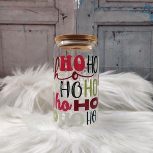 HOHOHO Christmas Theme Glass Can | 16oz Glass Cans with Lid and Glass Straw | Mason Jar Cup with Bamboo Lid | Trendy Glass Cup