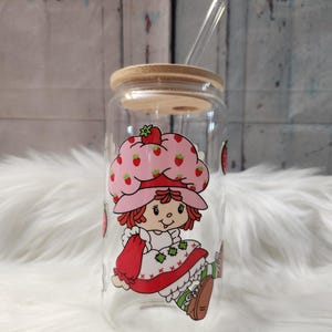Strawberry Girl Glass Cup | 16oz Beer Can Glass with Lid and Glass Straw | Glass Coffee Cup | Glass Tumbler Coffee Cup