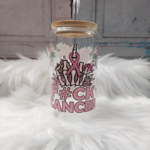 F**k Cancer Glass Can | 16oz Glass Cans with Lid and Glass Straw | Mason Jar Cup with Bamboo Lid | Trendy Glass Cup