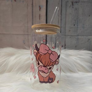 Cute Coquette Cow Glass Cup | 16oz Beer Can Glass with Lid and Glass Straw | Glass Coffee Cup | Glass Tumbler Coffee Cup