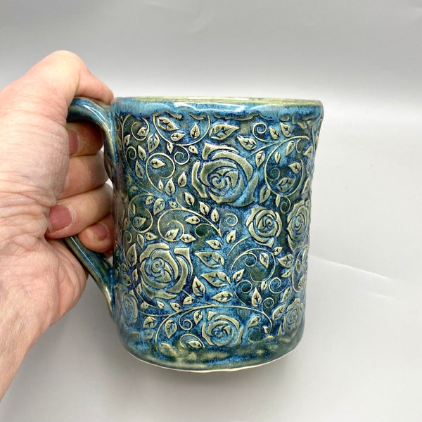 Handmade Ceramic Mug, with Roses Design, by Kingates Pottery on the Isle of Wight, Coffee Mug, Tea Mug, Pottery Mug, Stoneware Mug, Gift