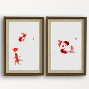 Set of 2 prints, goldfish, fish, Korean Art, Korean painting, Korean Wall Art, Korean print, goldfish Print, Korean Decor, Asian painting
