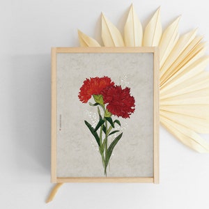 May include: A framed print of a botanical illustration featuring two red carnations with green stems and leaves on a light gray background.
