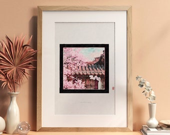 Korean painting,  Korean wall art, Cherry Blossom, Pink, Flower, Korea poster, Korea travel, watercolor Travel Poster, Korea, Asian wall art