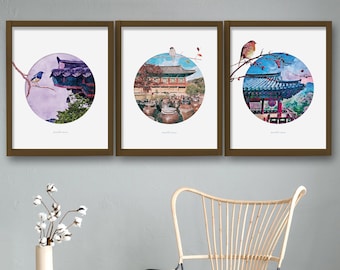 Set of 3 prints, Korea Poster, korean painting, Korea Travel, Seoul, watercolor Travel Poster, Travel wall art, Korea painting, Seoul Poster