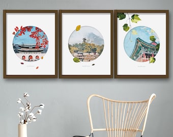 Set of 3 prints, Korea Poster, korean painting, Korea Travel, Seoul, watercolor Travel Poster, Travel wall art, Korea painting, Seoul Poster