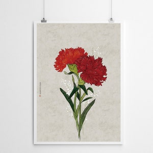 May include: A digital illustration of two red carnations with green stems and leaves on a light gray background.