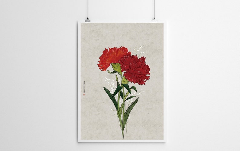 May include: A digital illustration of two red carnations with green stems and leaves on a light gray background.