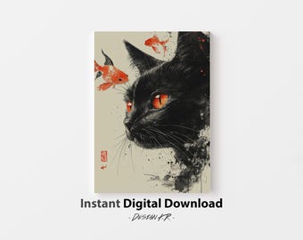 Crimson Gaze: Black Cat and Red Goldfish in Oriental Ink