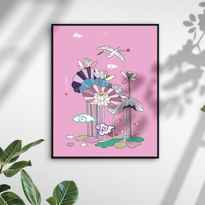 Poster coreano, pittura di loto, arte coreana, arte della parete coreana, arte asiatica, decorazione della parete coreana, poster di loto, regali di inaugurazione della casa, Asia, Corea