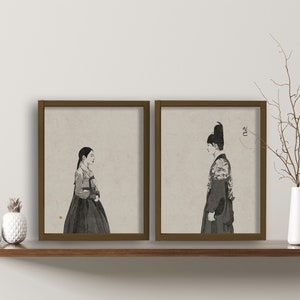 Set of 2 prints, korean palace, hanbok, Traditional korea art, Korean Art, Korean painting, Korean art print, Korean traditional,Korea